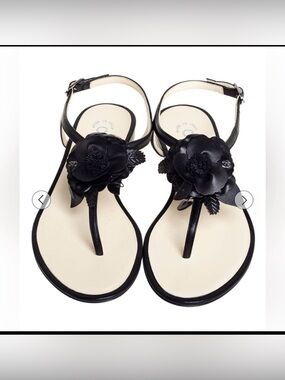 CHANEL Black Leather Sandals with Camellia